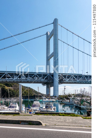 The Great Seto Bridge passing over Shimotsui Port (Kurashiki City, Okayama Prefecture) 115497880