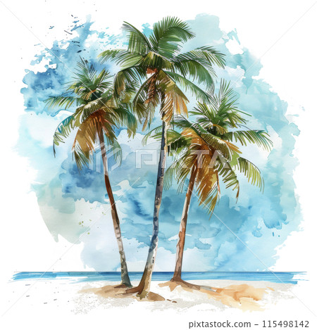 Two Palm Trees on a Beach Watercolor Painting 115498142