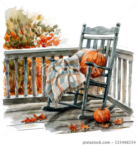 Rocking Chair With Plaid Blanket and Pumpkins 115498154