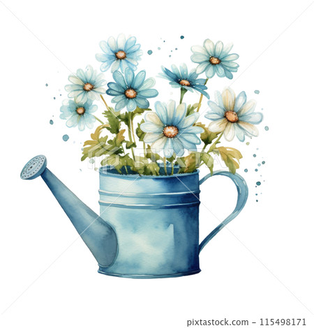 Blue Watering Can Filled With Blue Flowers 115498171