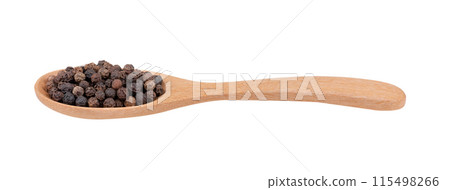 Black pepper corns in wood spoon isolated on white background Black pepper corns in wood spoon isolated on white background 115498266