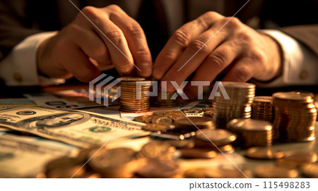 Businessman sits at a table, meticulously organizing euro cent coins and dollar bills Businessman sits at a table, meticulously organizing euro cent coins and dollar bills 115498283