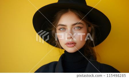 Stylish young woman stands confidently against a vibrant yellow background, AI generated Stylish young woman stands confidently against a vibrant yellow background, AI generated 115498285