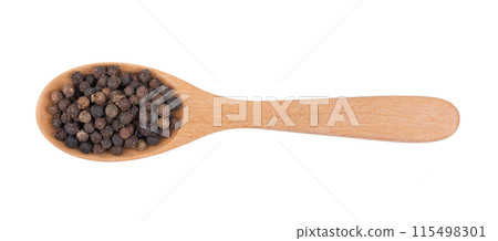 Black pepper corns in wood spoon isolated on white background top view Black pepper corns in wood spoon isolated on white background top view 115498301