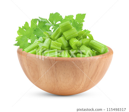 Celery in wood bowl isolated on white background Celery in wood bowl isolated on white background 115498317