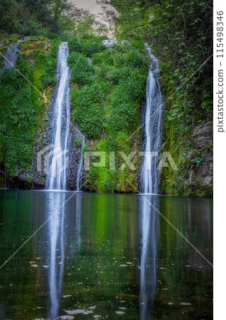 Beautiful waterfall in Spain in Catalonia, near the small village Les Planes de Hostoles 115498346