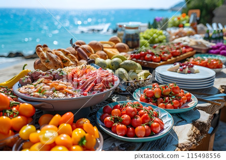 Illustration of delicious looking food beautifully arranged on a beach by the sea. Can be used to attract tourists, promote seaside restaurants, food products, catering services or travel packages 115498556