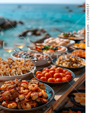 Illustration of delicious looking food beautifully arranged on a beach by the sea. Can be used to attract tourists, promote seaside restaurants, food products, catering services or travel packages 115498557