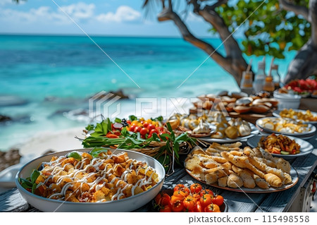 Illustration of delicious looking food beautifully arranged on a beach by the sea. Can be used to attract tourists, promote seaside restaurants, food products, catering services or travel packages Illustration of delicious looking food beautifully arranged on a beach by the sea. Can be used to attract tourists, promote seaside restaurants, food products, catering services or travel packages 115498558