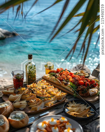 Illustration of delicious looking food beautifully arranged on a beach by the sea. Can be used to attract tourists, promote seaside restaurants, food products, catering services or travel packages Illustration of delicious looking food beautifully arranged on a beach by the sea. Can be used to attract tourists, promote seaside restaurants, food products, catering services or travel packages 115498559