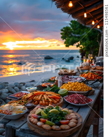 Illustration of delicious looking food beautifully arranged on a beach by the sea. Can be used to attract tourists, promote seaside restaurants, food products, catering services or travel packages 115498561