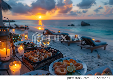 Illustration of delicious looking food beautifully arranged on a beach by the sea. Can be used to attract tourists, promote seaside restaurants, food products, catering services or travel packages Illustration of delicious looking food beautifully arranged on a beach by the sea. Can be used to attract tourists, promote seaside restaurants, food products, catering services or travel packages 115498567