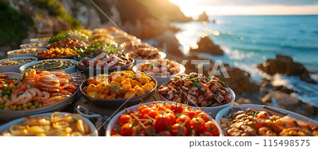 Illustration of delicious looking food beautifully arranged on a beach by the sea. Can be used to attract tourists, promote seaside restaurants, food products, catering services or travel packages 115498575