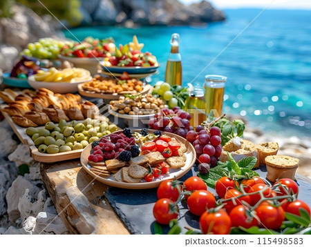 Illustration of delicious looking food beautifully arranged on a beach by the sea. Can be used to attract tourists, promote seaside restaurants, food products, catering services or travel packages 115498583