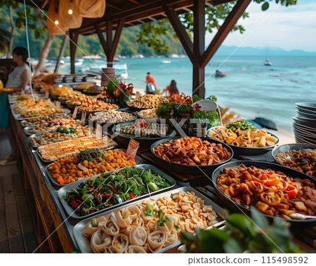 Illustration of delicious looking food beautifully arranged on a beach by the sea. Can be used to attract tourists, promote seaside restaurants, food products, catering services or travel packages 115498592