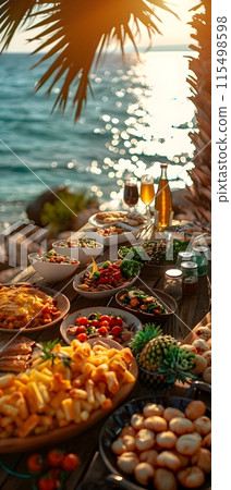 Illustration of delicious looking food beautifully arranged on a beach by the sea. Can be used to attract tourists, promote seaside restaurants, food products, catering services or travel packages Illustration of delicious looking food beautifully arranged on a beach by the sea. Can be used to attract tourists, promote seaside restaurants, food products, catering services or travel packages 115498598