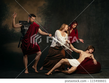 Armored warrior pulling arm of young man lying down, trying to wake him up. Two women stand beside them holding young man's other arm Armored warrior pulling arm of young man lying down, trying to wake him up. Two women stand beside them holding young man's other arm 115498601
