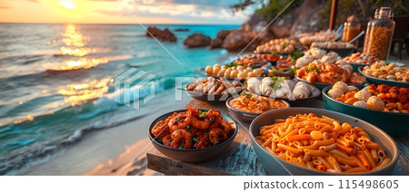 Illustration of delicious looking food beautifully arranged on a beach by the sea. Can be used to attract tourists, promote seaside restaurants, food products, catering services or travel packages 115498605