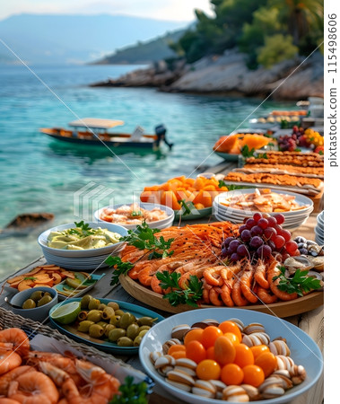 Illustration of delicious looking food beautifully arranged on a beach by the sea. Can be used to attract tourists, promote seaside restaurants, food products, catering services or travel packages 115498606