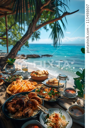 Illustration of delicious looking food beautifully arranged on a beach by the sea. Can be used to attract tourists, promote seaside restaurants, food products, catering services or travel packages 115498607