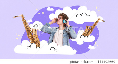 Cotemporary art collage. Young man listening music in headphones surrounded clouds with musical instruments as dreams in music future. 115498669