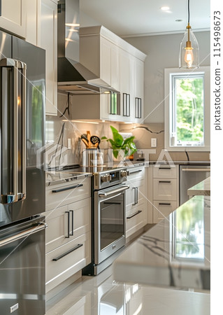 Illustration of a modern kitchen in bright tones. Looks comfortable. For homeowners to use as an example for interior designers to design. Or let architects use it as inspiration for kitchen design. 115498673