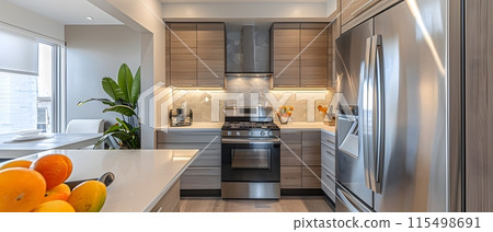 Illustration of a modern kitchen in bright tones. Looks comfortable. For homeowners to use as an example for interior designers to design. Or let architects use it as inspiration for kitchen design. Illustration of a modern kitchen in bright tones. Looks comfortable. For homeowners to use as an example for interior designers to design. Or let architects use it as inspiration for kitchen design. 115498691