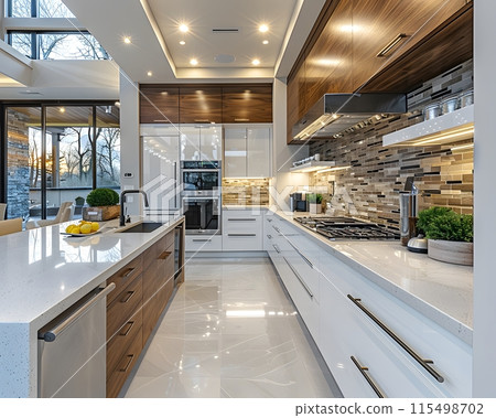 Illustration of a modern kitchen in bright tones. Looks comfortable. For homeowners to use as an example for interior designers to design. Or let architects use it as inspiration for kitchen design. Illustration of a modern kitchen in bright tones. Looks comfortable. For homeowners to use as an example for interior designers to design. Or let architects use it as inspiration for kitchen design. 115498702