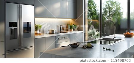 Illustration of a modern kitchen in bright tones. Looks comfortable. For homeowners to use as an example for interior designers to design. Or let architects use it as inspiration for kitchen design. Illustration of a modern kitchen in bright tones. Looks comfortable. For homeowners to use as an example for interior designers to design. Or let architects use it as inspiration for kitchen design. 115498703