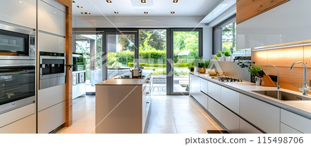 Illustration of a modern kitchen in bright tones. Looks comfortable. For homeowners to use as an example for interior designers to design. Or let architects use it as inspiration for kitchen design. 115498706