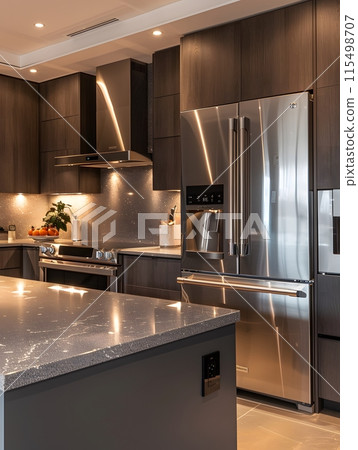 Illustration of a modern kitchen in bright tones. Looks comfortable. For homeowners to use as an example for interior designers to design. Or let architects use it as inspiration for kitchen design. 115498707