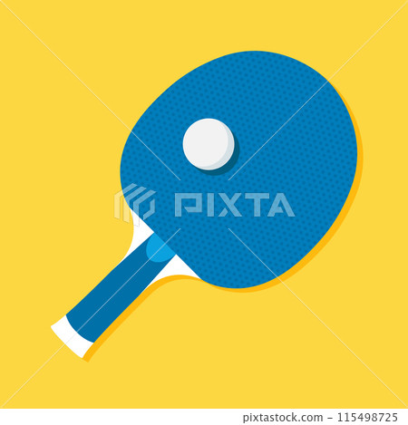 Ping pong or table tennis racket with a ball on yellow background. Vector illustration Ping pong or table tennis racket with a ball on yellow background. Vector illustration 115498725