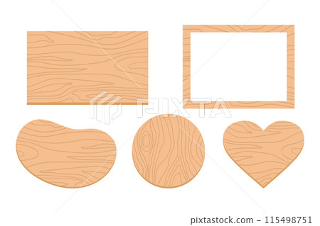 Wooden shapes in geometric forms, smooth figure and heart, wooden frame. Cartoon imitation of a wood. Vector illustration 115498751