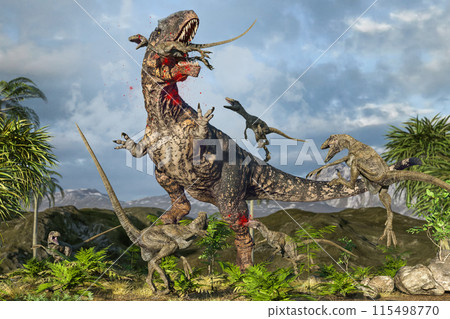 一群恐爪龍與巨獸龍戰鬥 115498770