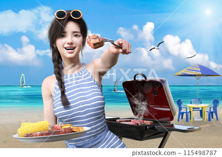 Girls enjoying a barbecue at the beach in summer 115498787