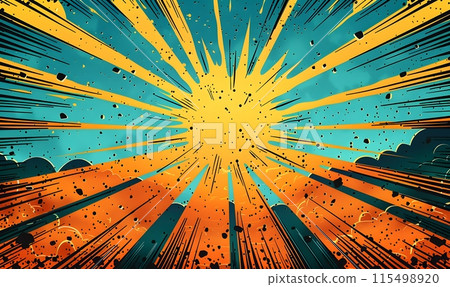 Blue and yellow background splash pattern cartoon design with explosion effect. This dynamic graphic symbolizes speed and power. For superhero or action cartoons in the form of vector illustrations. 115498920