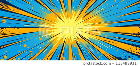 Blue and yellow background splash pattern cartoon design with explosion effect. This dynamic graphic symbolizes speed and power. For superhero or action cartoons in the form of vector illustrations. 115498931