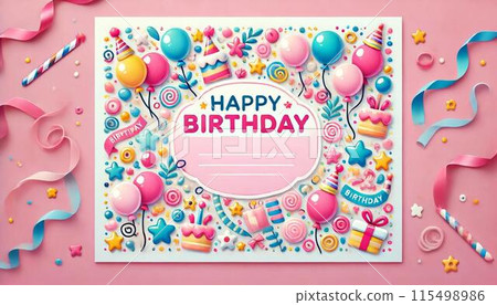 可愛的彩色氣球和心形生日卡 可愛的彩色氣球和心形生日卡 115498986