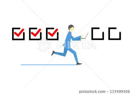 Businessman running with laptop and check mark Businessman running with laptop and check mark 115499308