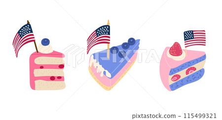 Patriotic American Pieces of tasty cakes with blueberries, strawberries and US flag in flat style. Vector USA national holiday illustrations isolated on white background. Good for stickers and logo Patriotic American Pieces of tasty cakes with blueberries, strawberries and US flag in flat style. Vector USA national holiday illustrations isolated on white background. Good for stickers and logo 115499321