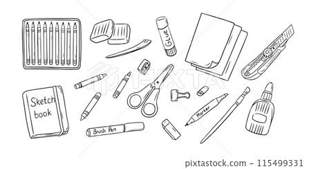 Art crafting products doodle set with scissors and modeling clay. Monochrome educational outline stickers. Clipart of sketchy outline drawings isolated on white background Art crafting products doodle set with scissors and modeling clay. Monochrome educational outline stickers. Clipart of sketchy outline drawings isolated on white background 115499331