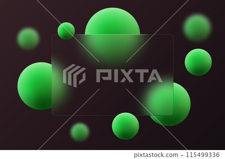 Glass morphism concept with green spheres. Frosted glass effect on a black background. Glass morphism concept with green spheres. Frosted glass effect on a black background. 115499336