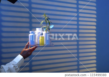 Finding Serenity: girl Battles Insomnia Under Trusty Blanket with Sleeping capsule with a branch of cannabis of night ward with blinds 115499380