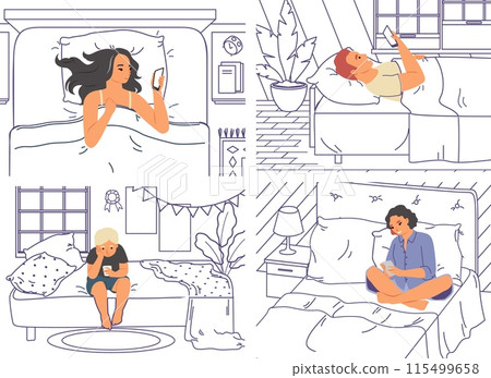 Young adult people and children characters with mobile in bed Young adult people and children characters with mobile in bed 115499658
