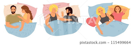Cartoon sleeping couple in bed top view vector illustration Cartoon sleeping couple in bed top view vector illustration 115499664