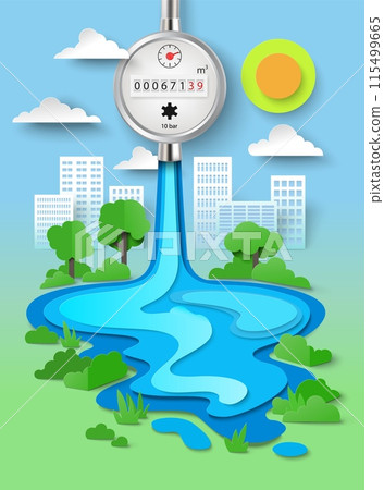 Save water poster with papercut cityscape and gauge meter 115499665
