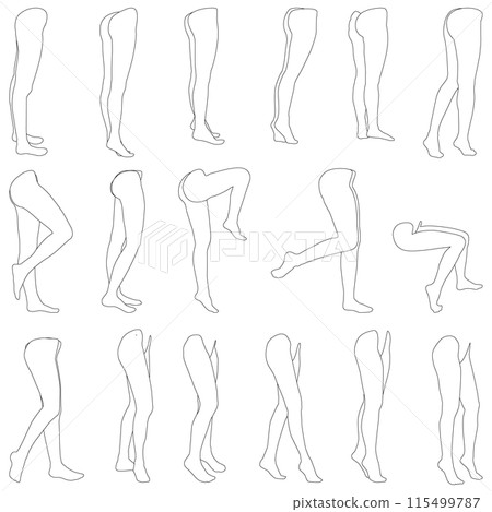 女性腿部模型輪廓圖集09右側對角正面。從腳趾到腰部各種姿勢的腿部插圖集。 115499787