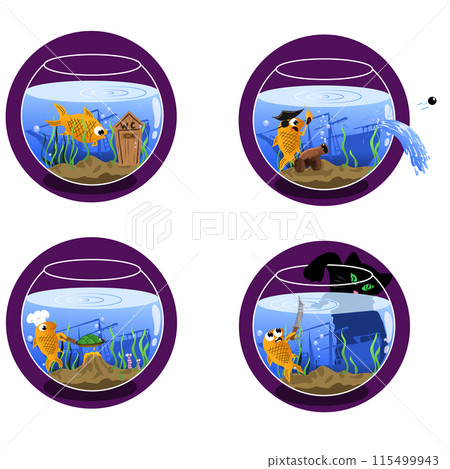 Set of four icons Goldfish in the aquarium. VectSet of four icons Goldfish in the aquarium. Vector illustration Round icons stickers where a fish shoots a cannon or cooks spaghetti from algae. A black 115499943