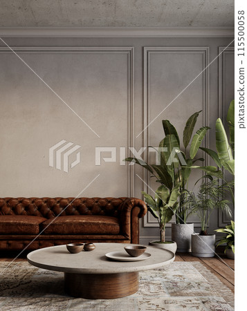 Gray beige loft interior with leather brown sofa, plants, coffee table and decor. 3d render illustration mockup. Gray beige loft interior with leather brown sofa, plants, coffee table and decor. 3d render illustration mockup. 115500058