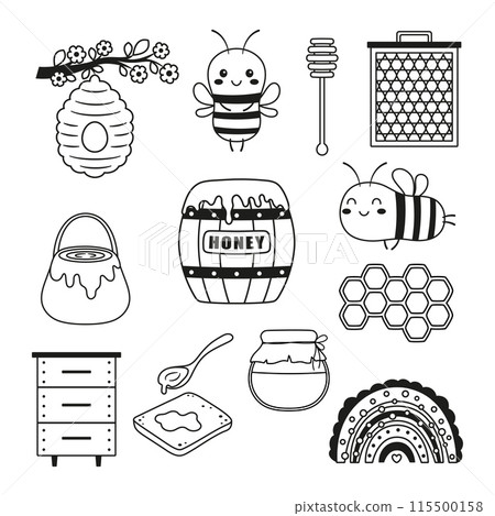 outline set with bees and honey outline set with bees and honey 115500158